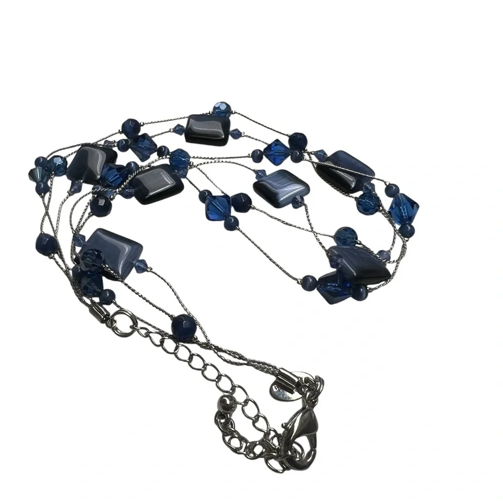 New~ Lia Sophia Cobalt Blue Art Glass Crystal Layered Illusion Necklace Retired